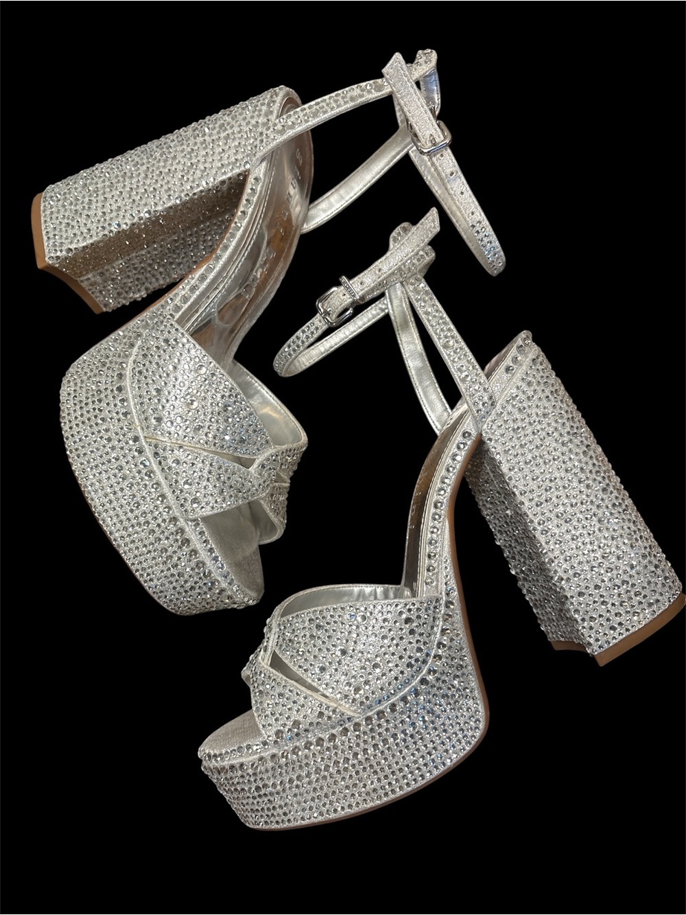 Gianni Bini Silver Crystal Platform Block Heel Sandals with Ankle Strap 8 new - Picture 5 of 6